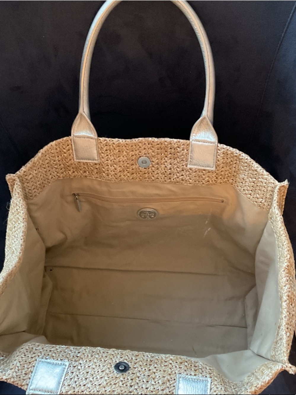 Tory Burch Tan Raffia Tote with Silver Leather Trim - Picture 10 of 10
